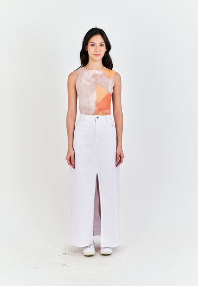 Xania  Beige Tie Dye Crew Neckline Pleated Side Mesh Sleeveless Bodysuit