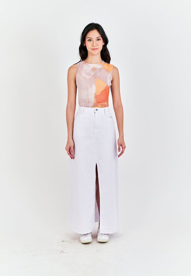 Xania  Beige Tie Dye Crew Neckline Pleated Side Mesh Sleeveless Bodysuit