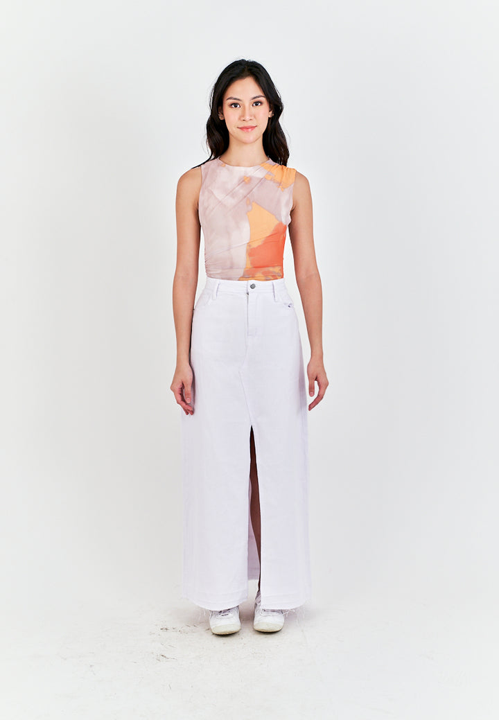 Xania  Beige Tie Dye Crew Neckline Pleated Side Mesh Sleeveless Bodysuit