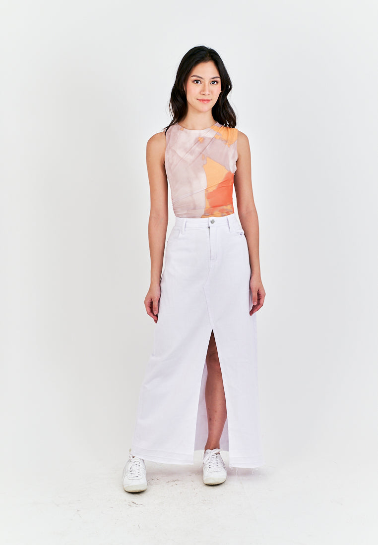 Xania  Beige Tie Dye Crew Neckline Pleated Side Mesh Sleeveless Bodysuit