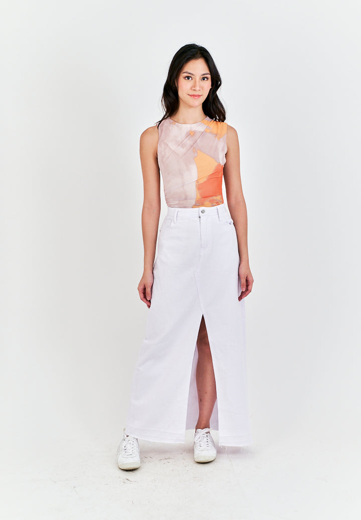Xania  Beige Tie Dye Crew Neckline Pleated Side Mesh Sleeveless Bodysuit