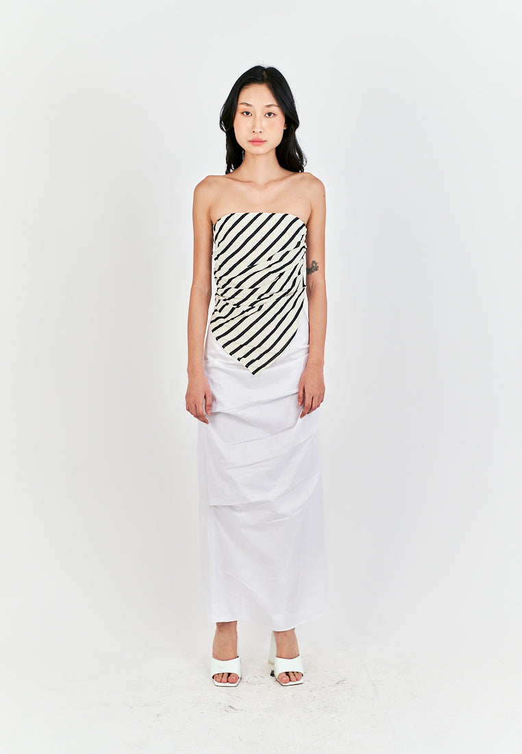 Diarah White Front Pleated Back Slit and Zipper Midi Skirt