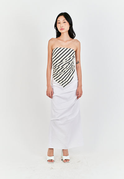 Diarah White Front Pleated Back Slit and Zipper Midi Skirt