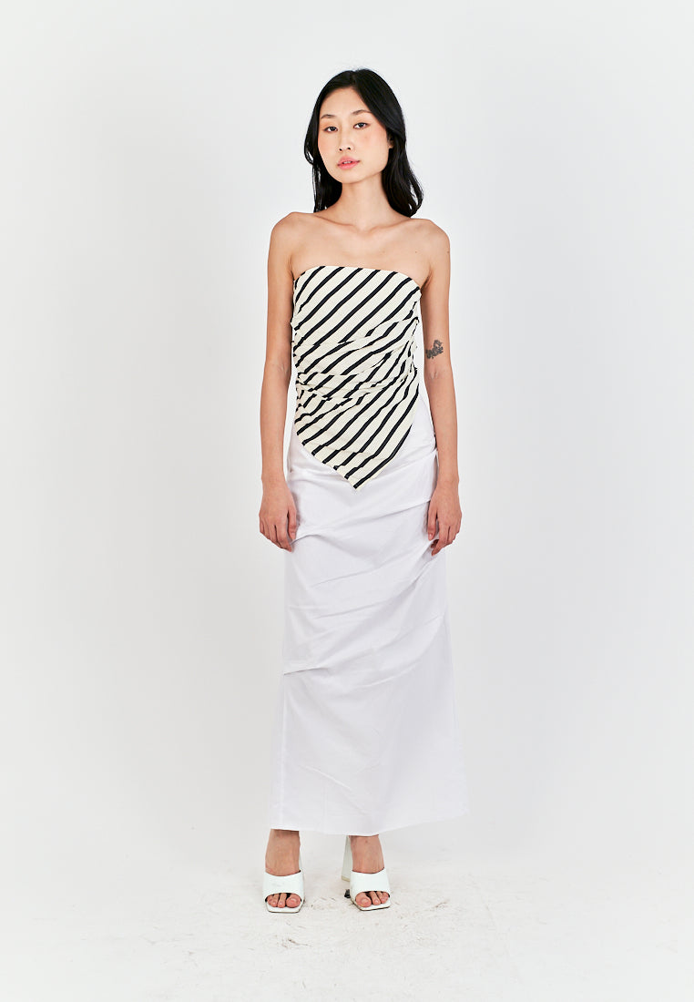 Diarah White Front Pleated Back Slit and Zipper Midi Skirt