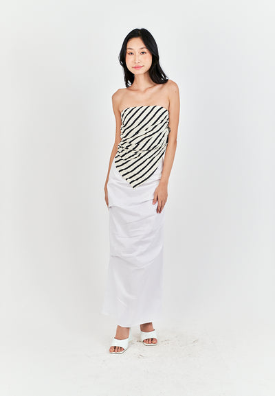 Diarah White Front Pleated Back Slit and Zipper Midi Skirt