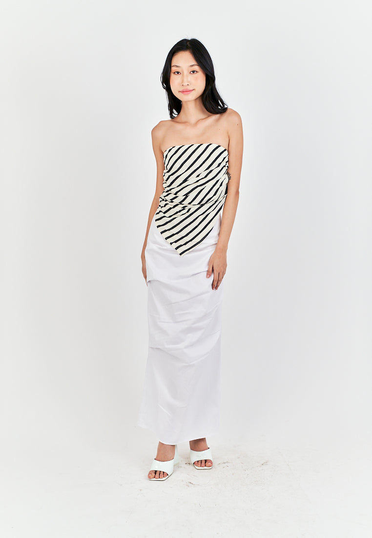 Diarah White Front Pleated Back Slit and Zipper Midi Skirt