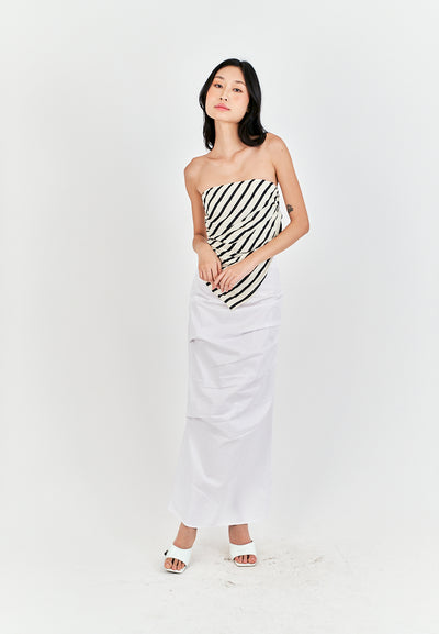 Diarah White Front Pleated Back Slit and Zipper Midi Skirt