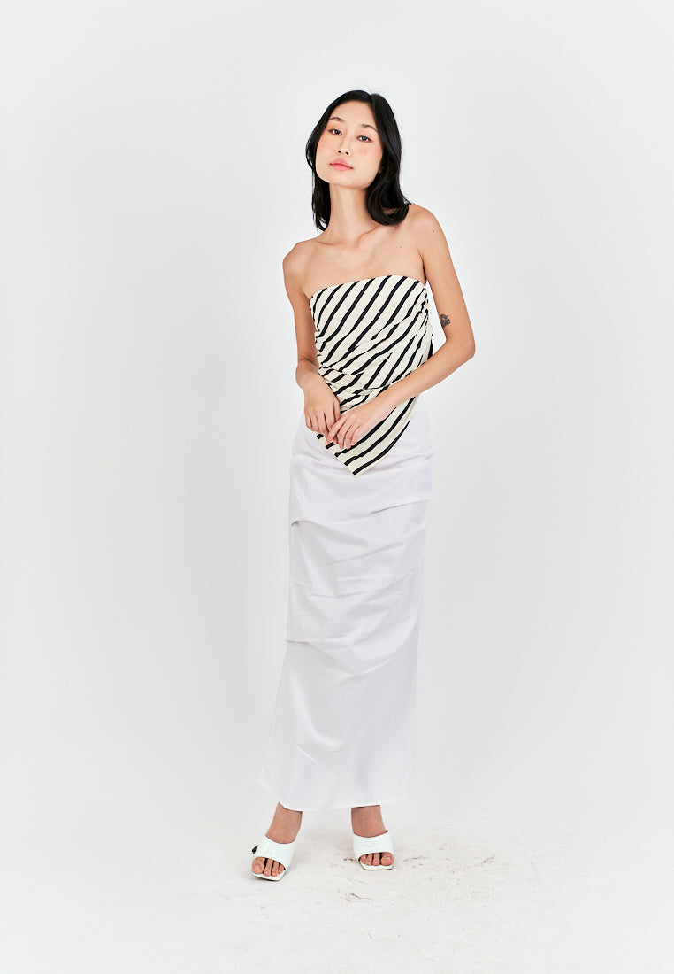 Diarah White Front Pleated Back Slit and Zipper Midi Skirt