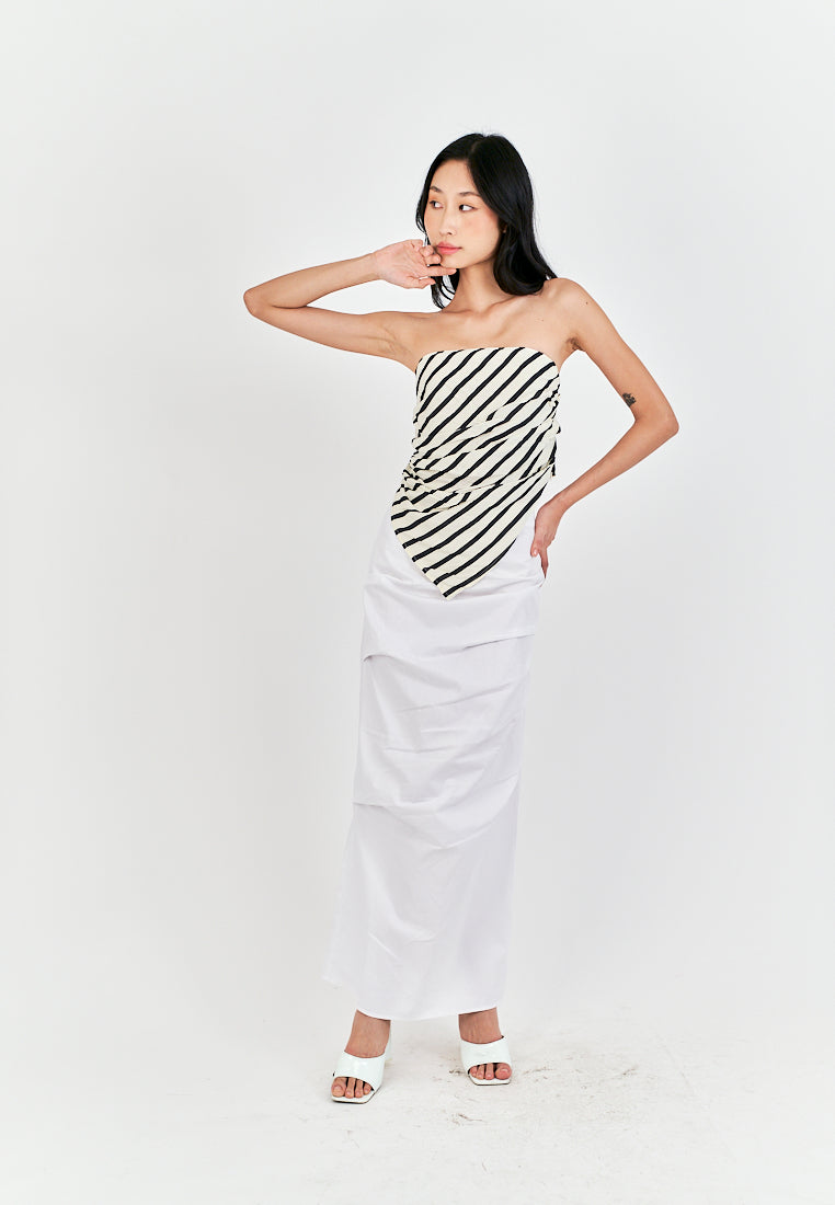 Diarah White Front Pleated Back Slit and Zipper Midi Skirt