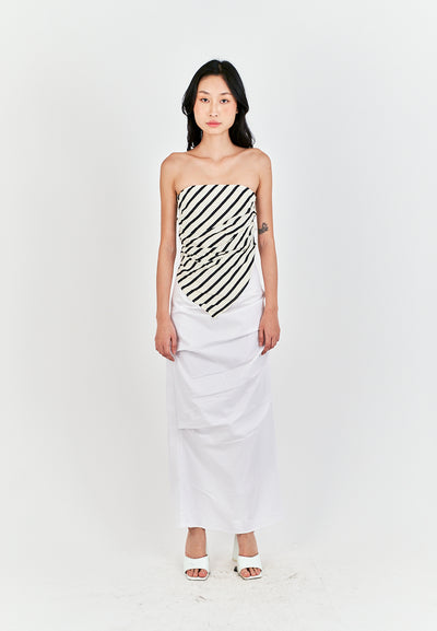 Diarah White Front Pleated Back Slit and Zipper Midi Skirt