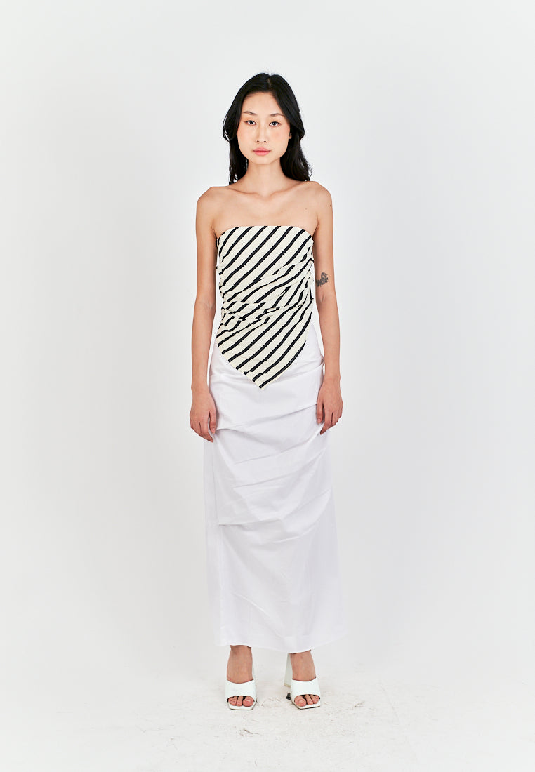 Diarah White Front Pleated Back Slit and Zipper Midi Skirt