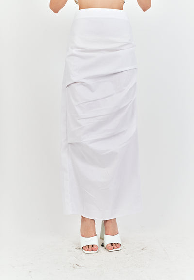 Diarah White Front Pleated Back Slit and Zipper Midi Skirt