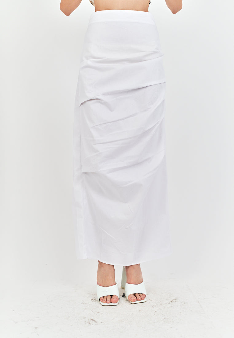 Diarah White Front Pleated Back Slit and Zipper Midi Skirt