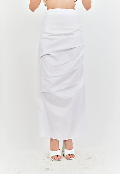 Diarah White Front Pleated Back Slit and Zipper Midi Skirt