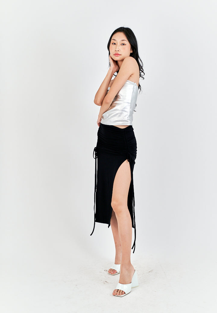 Georgene Black Ruched Sides Slit Lace Up Midi Skirt