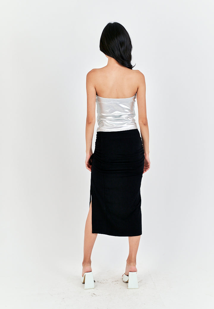 Georgene Black Ruched Sides Slit Lace Up Midi Skirt
