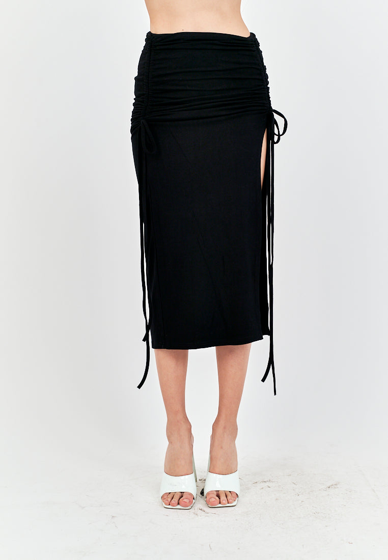 Georgene Black Ruched Sides Slit Lace Up Midi Skirt