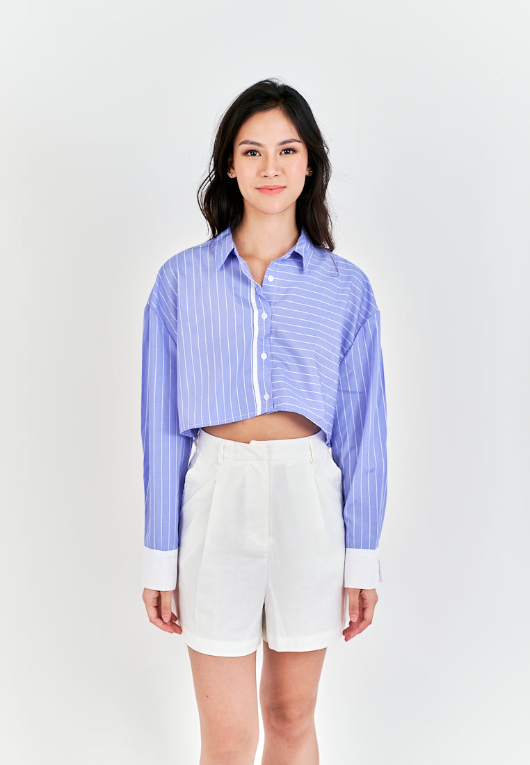 Rydel Blue with White Strpes Turn Down Collar Long Sleeves Crop top