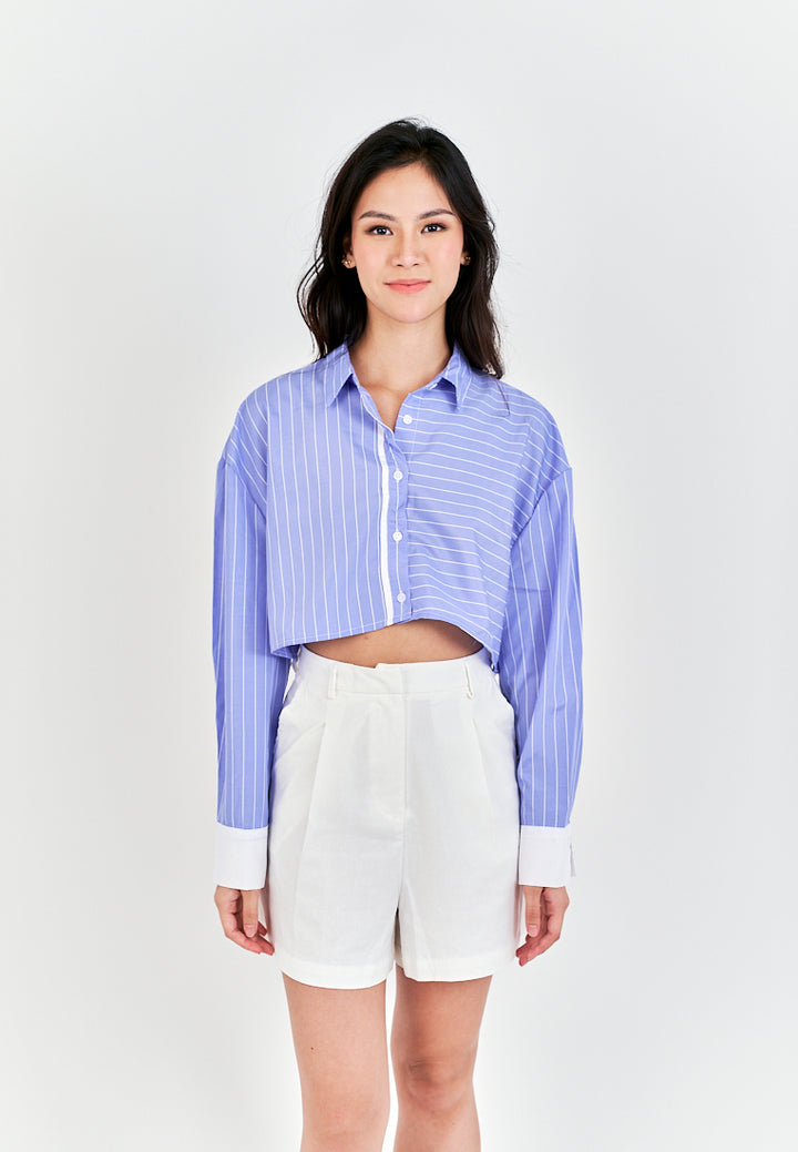 Rydel Blue with White Strpes Turn Down Collar Long Sleeves Crop top