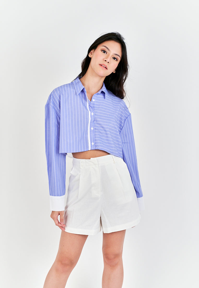 Rydel Blue with White Strpes Turn Down Collar Long Sleeves Crop top