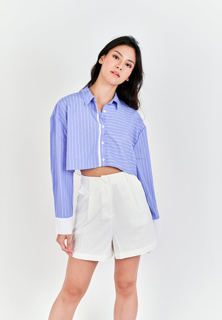 Rydel Blue with White Strpes Turn Down Collar Long Sleeves Crop top