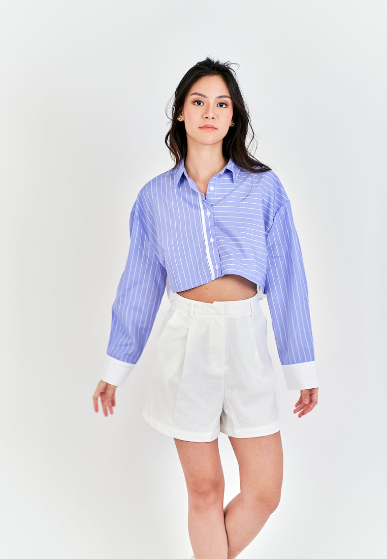 Rydel Blue with White Strpes Turn Down Collar Long Sleeves Crop top