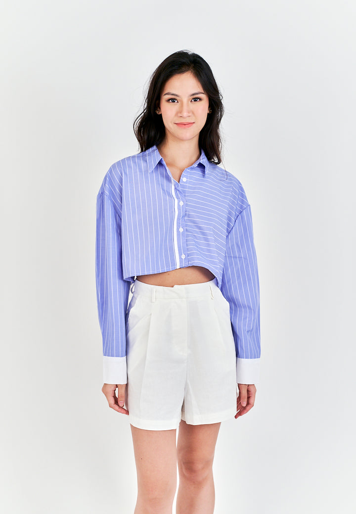 Rydel Blue with White Strpes Turn Down Collar Long Sleeves Crop top