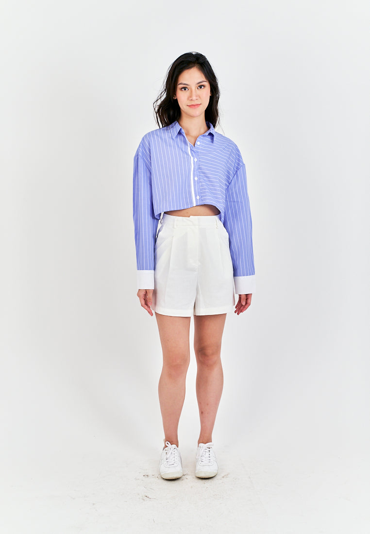Rydel Blue with White Strpes Turn Down Collar Long Sleeves Crop top