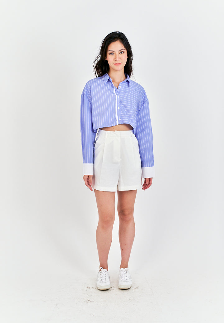 Rydel Blue with White Strpes Turn Down Collar Long Sleeves Crop top