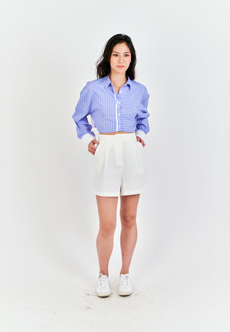 Rydel Blue with White Strpes Turn Down Collar Long Sleeves Crop top