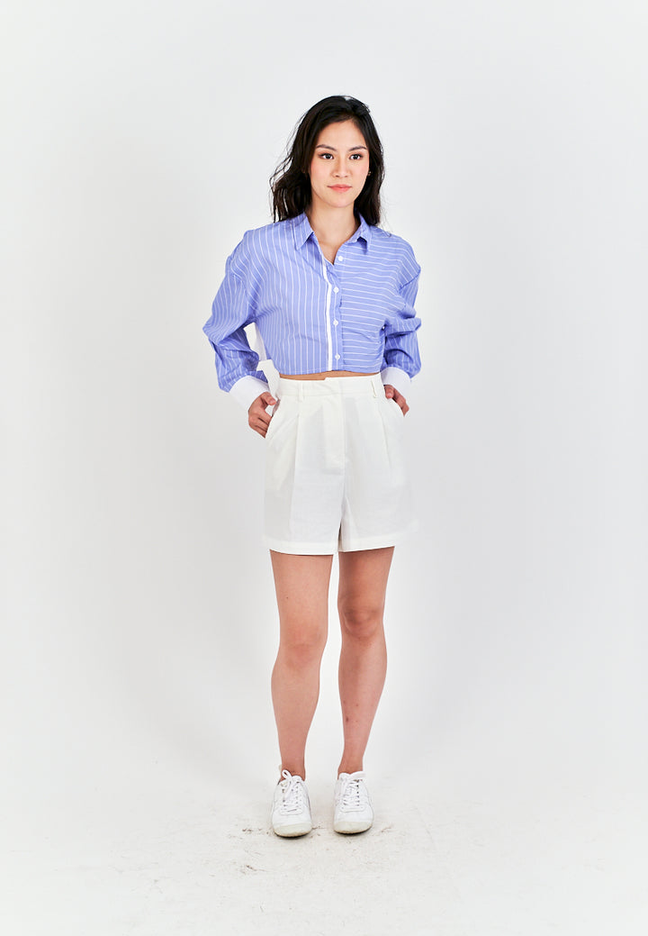 Rydel Blue with White Strpes Turn Down Collar Long Sleeves Crop top