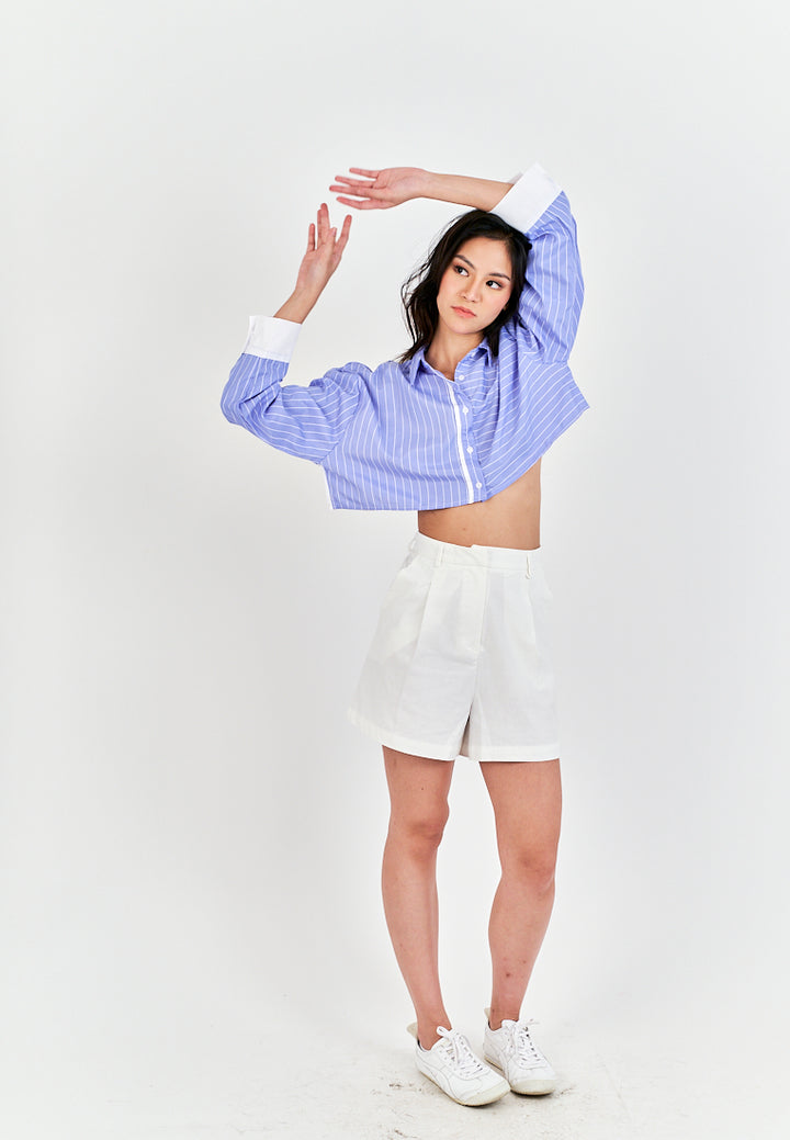 Rydel Blue with White Strpes Turn Down Collar Long Sleeves Crop top