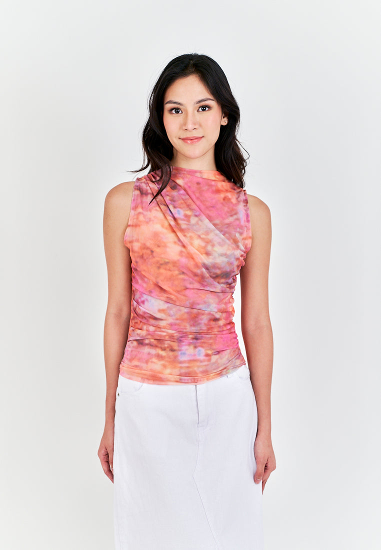 Radha Multi Color Tie Dye Crew Neckline Pleated Mesh Top