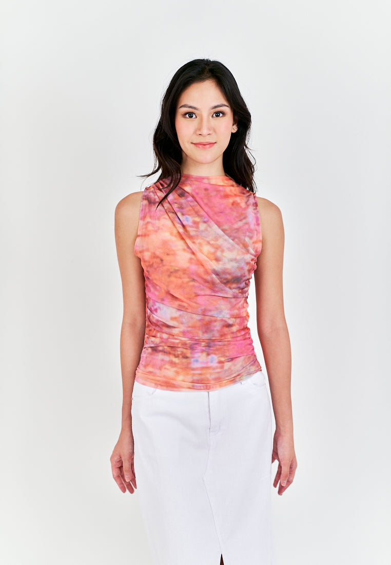 Radha Multi Color Tie Dye Crew Neckline Pleated Mesh Top