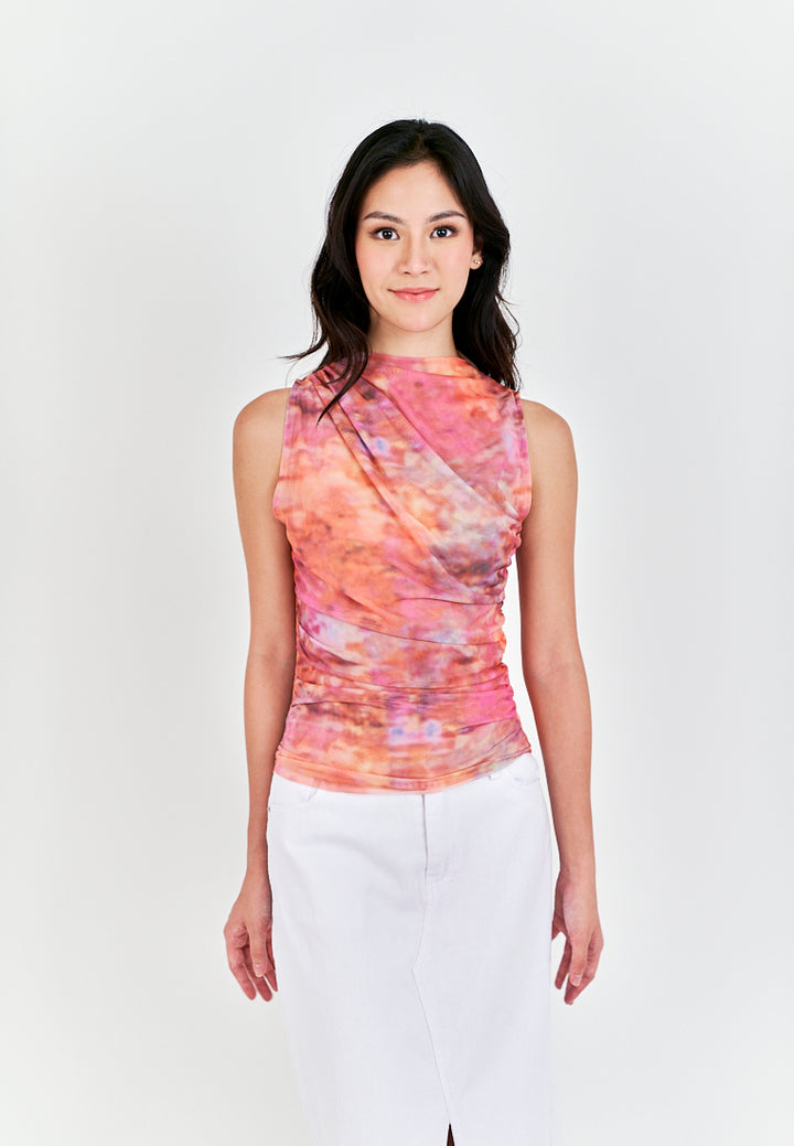 Radha Multi Color Tie Dye Crew Neckline Pleated Mesh Top
