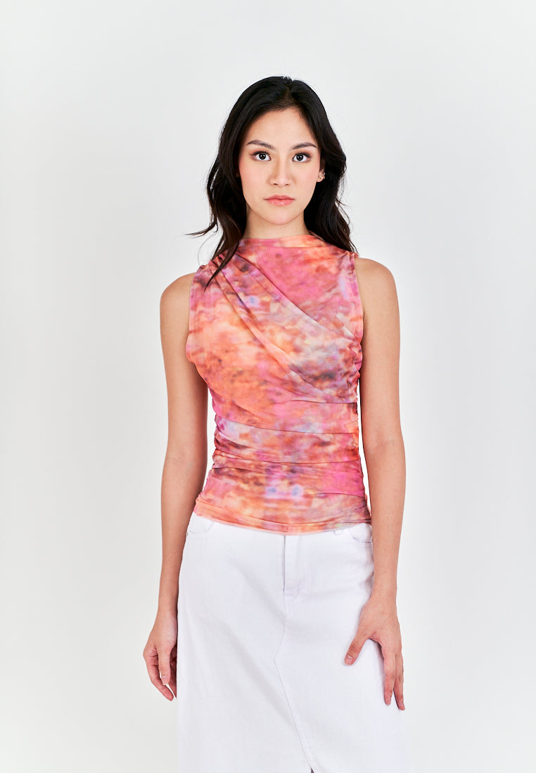Radha Multi Color Tie Dye Crew Neckline Pleated Mesh Top