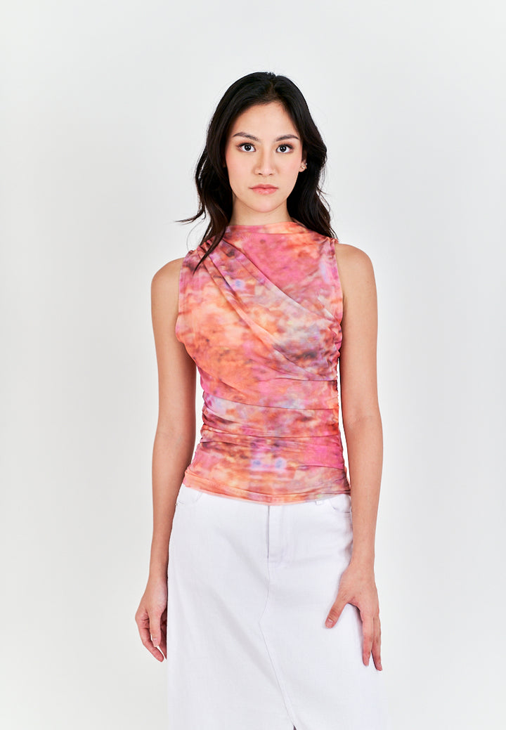 Radha Multi Color Tie Dye Crew Neckline Pleated Mesh Top