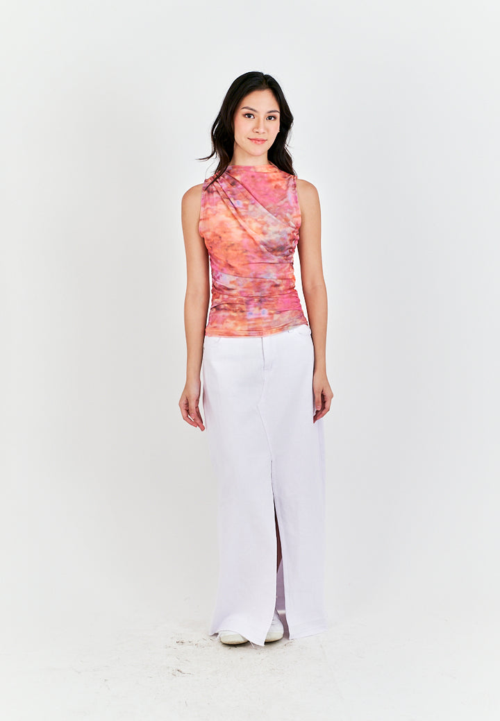 Radha Multi Color Tie Dye Crew Neckline Pleated Mesh Top