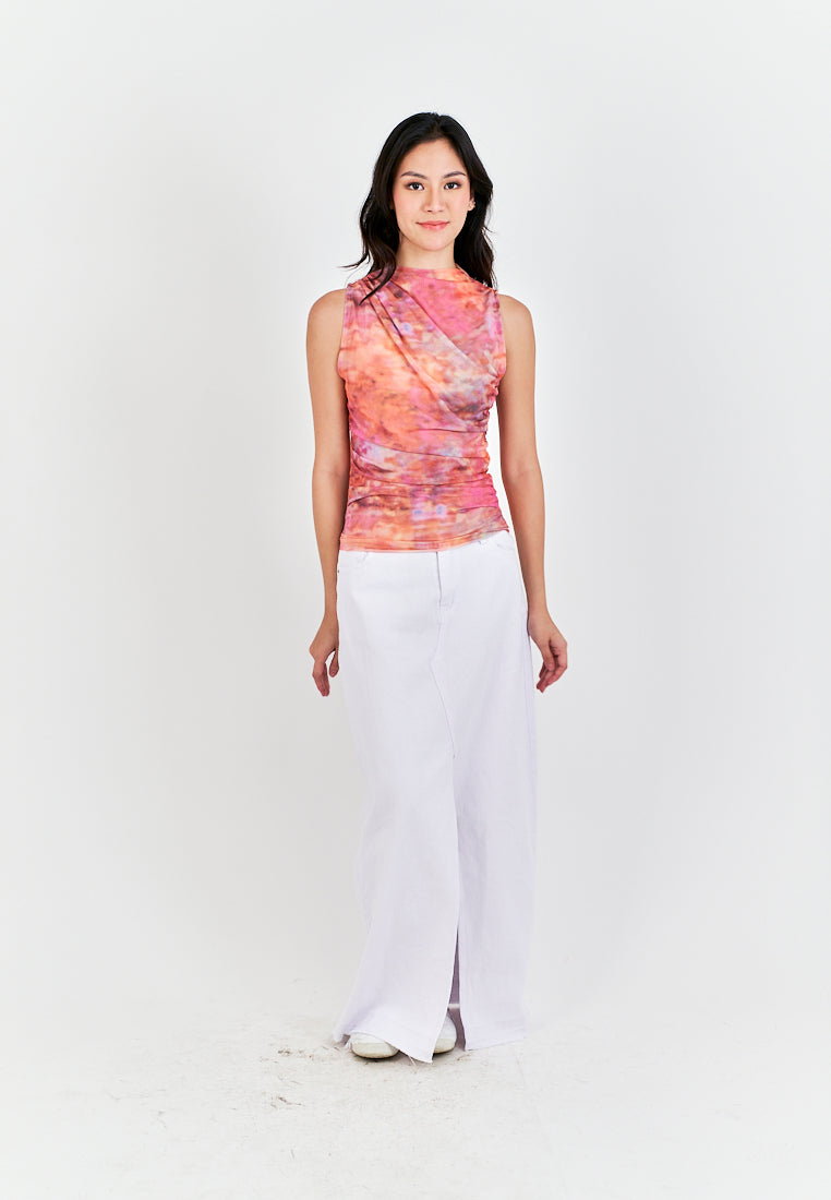 Radha Multi Color Tie Dye Crew Neckline Pleated Mesh Top