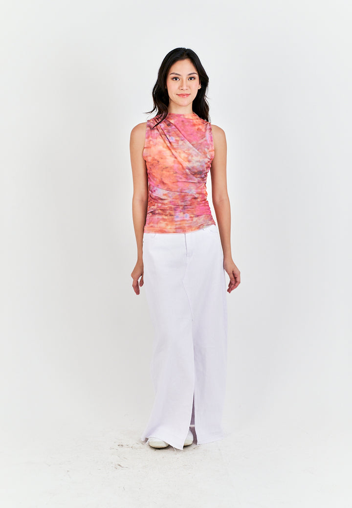 Radha Multi Color Tie Dye Crew Neckline Pleated Mesh Top