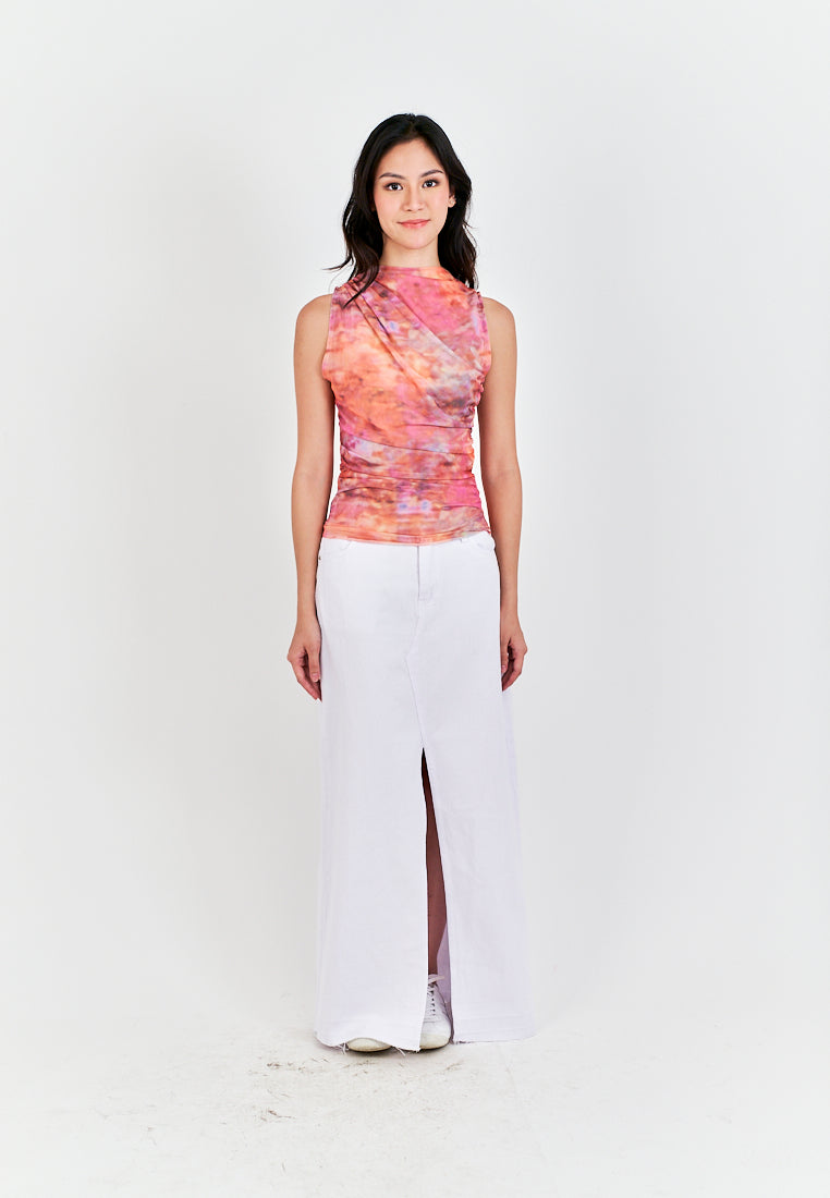 Radha Multi Color Tie Dye Crew Neckline Pleated Mesh Top