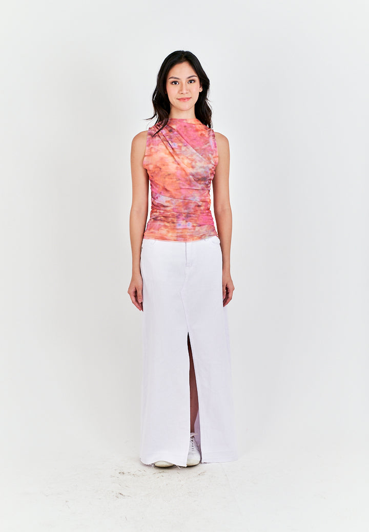 Radha Multi Color Tie Dye Crew Neckline Pleated Mesh Top