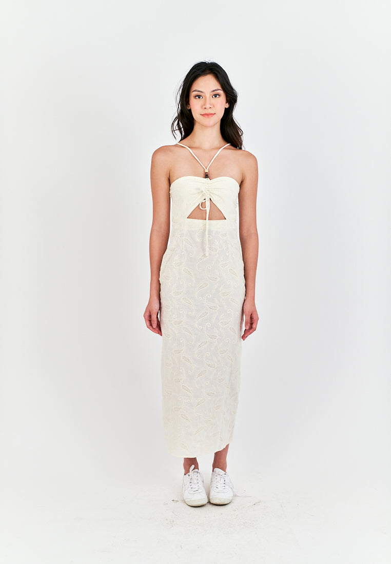 Clarestine Beige Eyelet Halter Beaded Strap Hollow Back Side Slit Maxi Dress