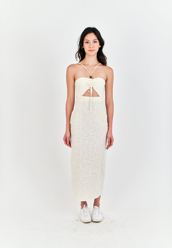 Clarestine Beige Eyelet Halter Beaded Strap Hollow Back Side Slit Maxi Dress