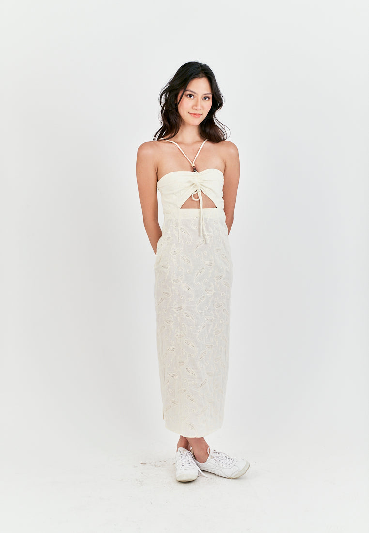 Clarestine Beige Eyelet Halter Beaded Strap Hollow Back Side Slit Maxi Dress