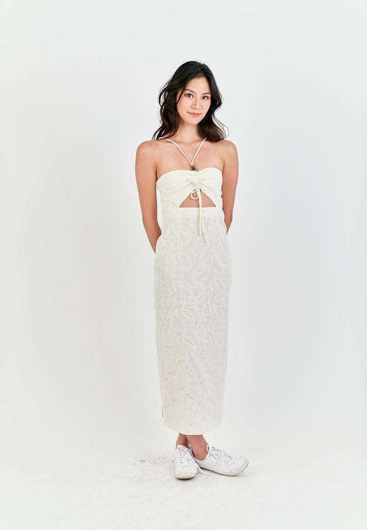 Clarestine Beige Eyelet Halter Beaded Strap Hollow Back Side Slit Maxi Dress