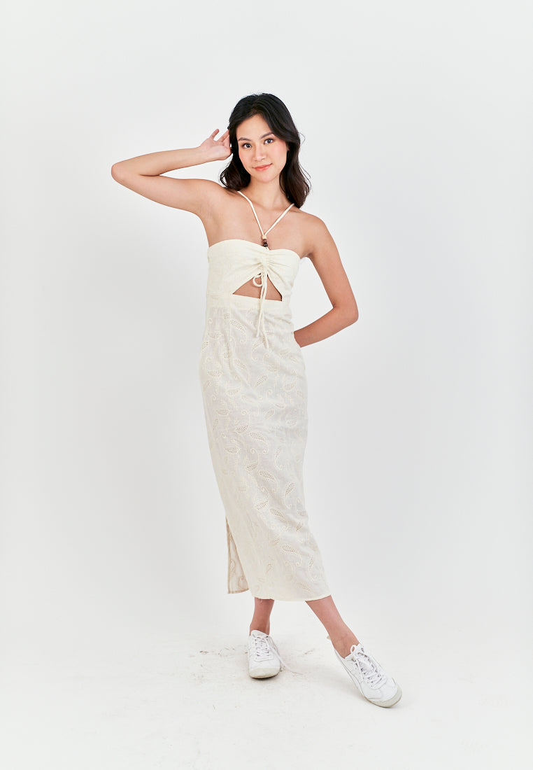 Clarestine Beige Eyelet Halter Beaded Strap Hollow Back Side Slit Maxi Dress