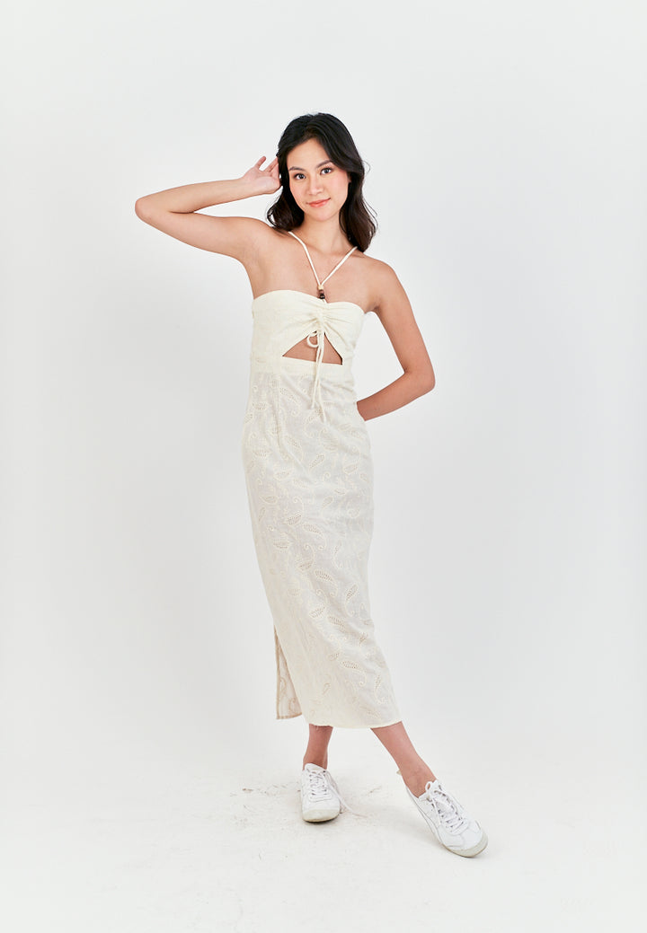 Clarestine Beige Eyelet Halter Beaded Strap Hollow Back Side Slit Maxi Dress