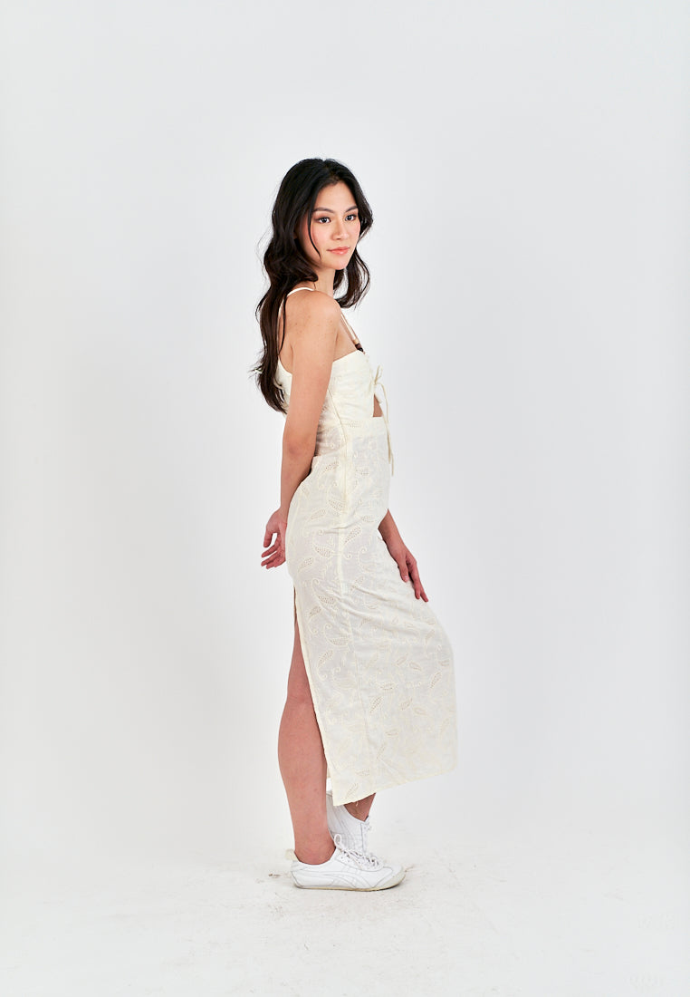 Clarestine Beige Eyelet Halter Beaded Strap Hollow Back Side Slit Maxi Dress