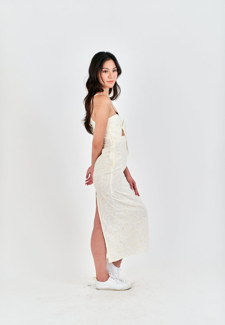 Clarestine Beige Eyelet Halter Beaded Strap Hollow Back Side Slit Maxi Dress